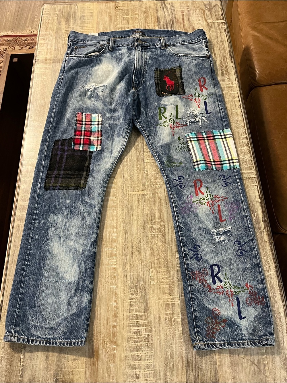 Ralph Lauren Blue Denim Jeans with Multicolor Plaid Patches